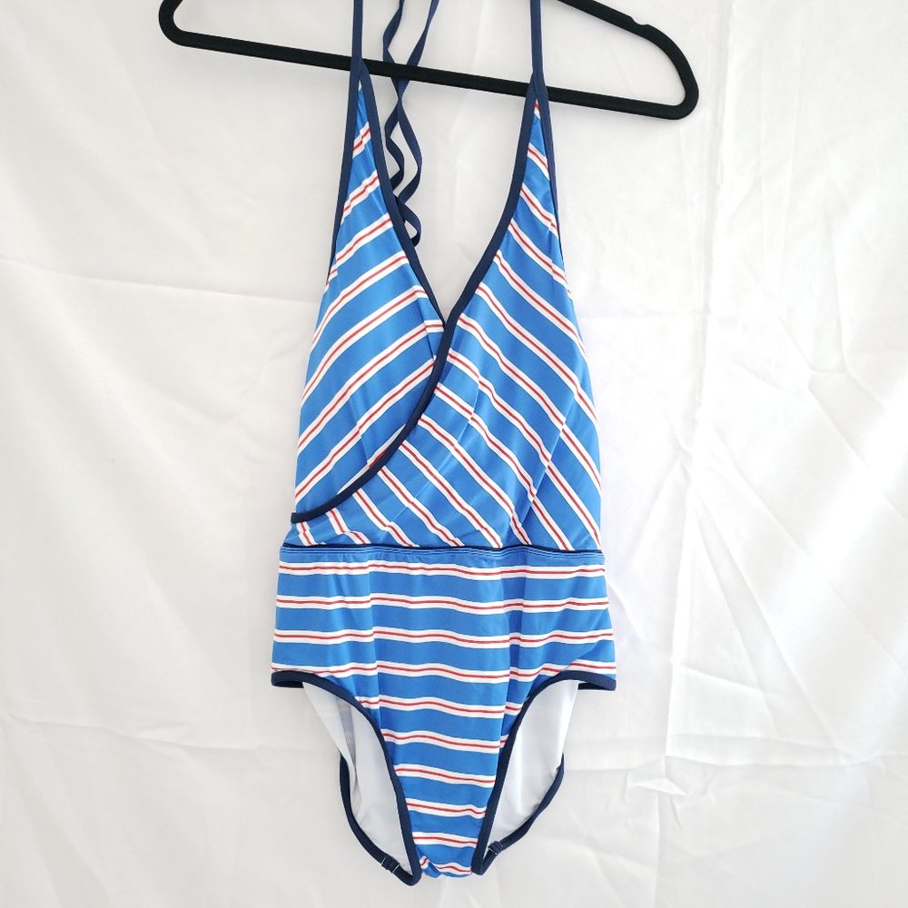 Sea Angel Striped Halter Top Swimsuit One Piece Medium Blue White Red